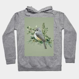 Grey Bird on Branch olive green background Hoodie